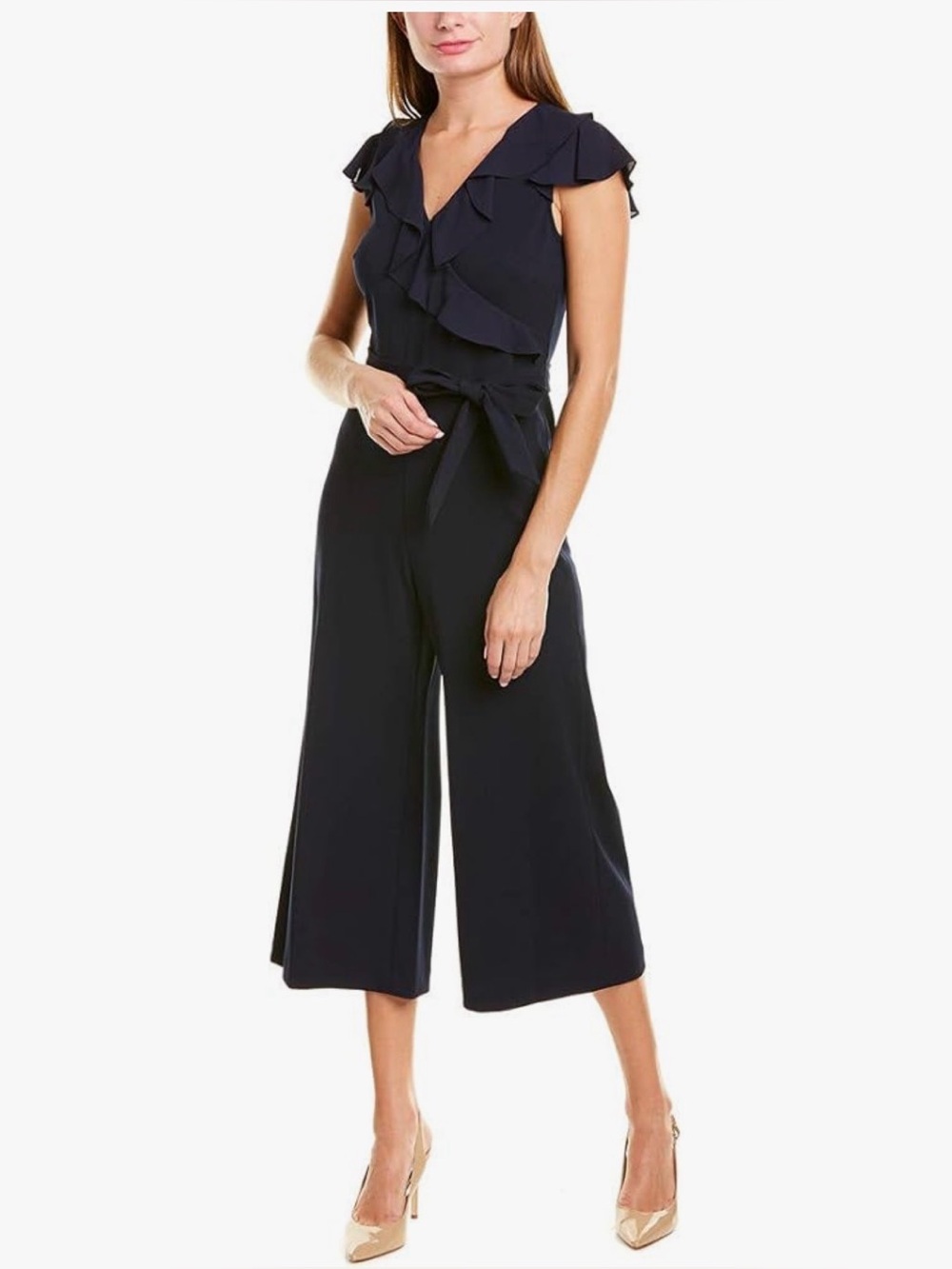 Stunning Karl Lagerfeld Navy Ruffle V-Neck Wide-Leg Jumpsuit - Brand New